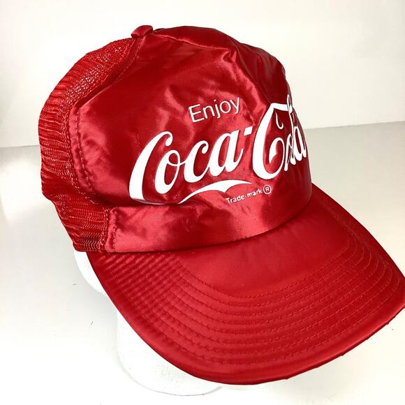Vintage Enjoy Coca Cola Satin Red Foam Mesh Hat SnapBack Cap Made in USA * NICE! - Picture 1 of 11